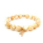 Necklaces 7" 14K Solid Gold Signature Cross Golden Mother Of Pearl Beaded Bracelet, large beads