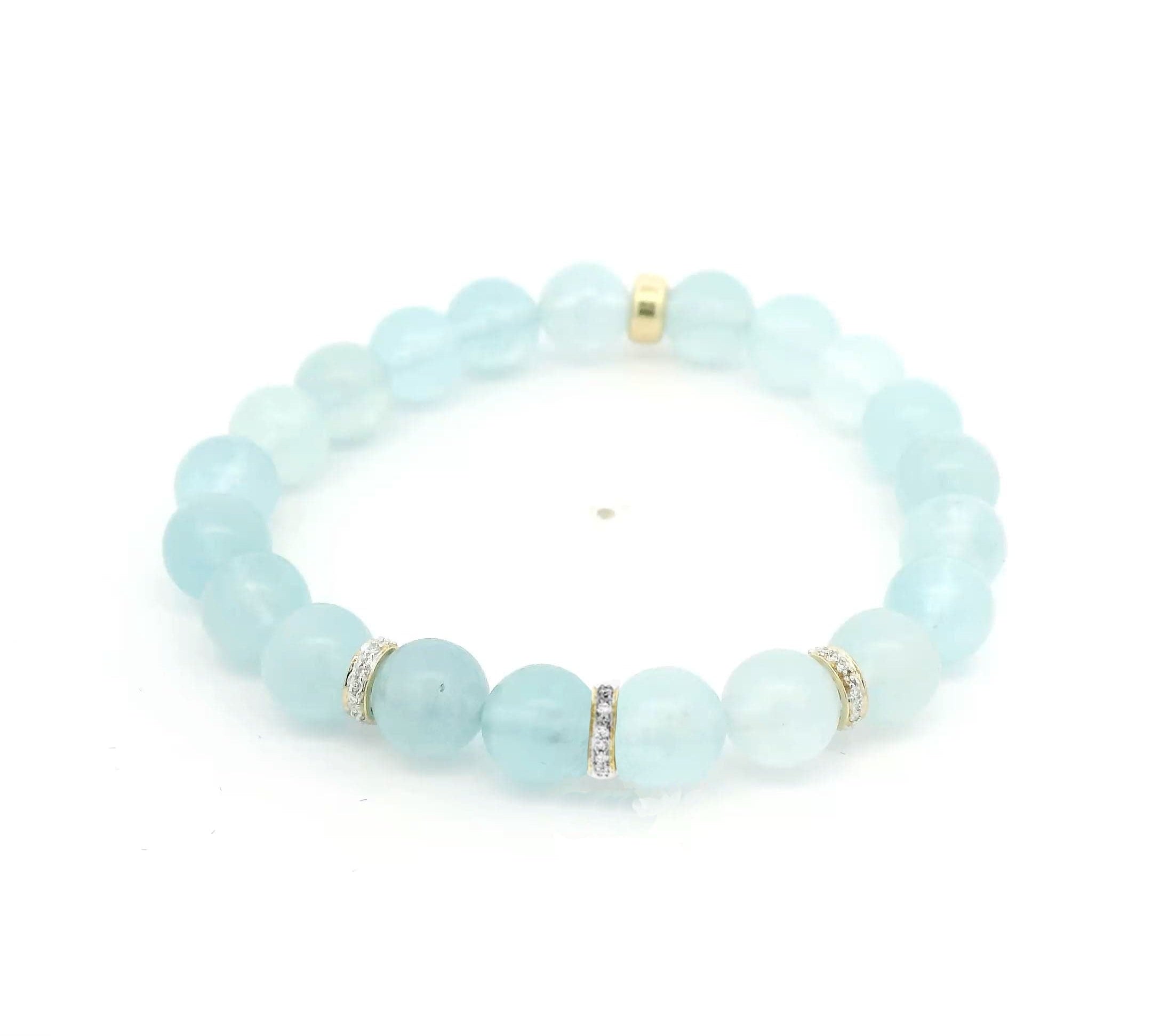 Necklaces 7" / 8mm / 0 Aquamarine Beads Only 14K Solid Gold Aquamarine Diamond Roundel Beaded Bracelet, 8mm, 10mm
