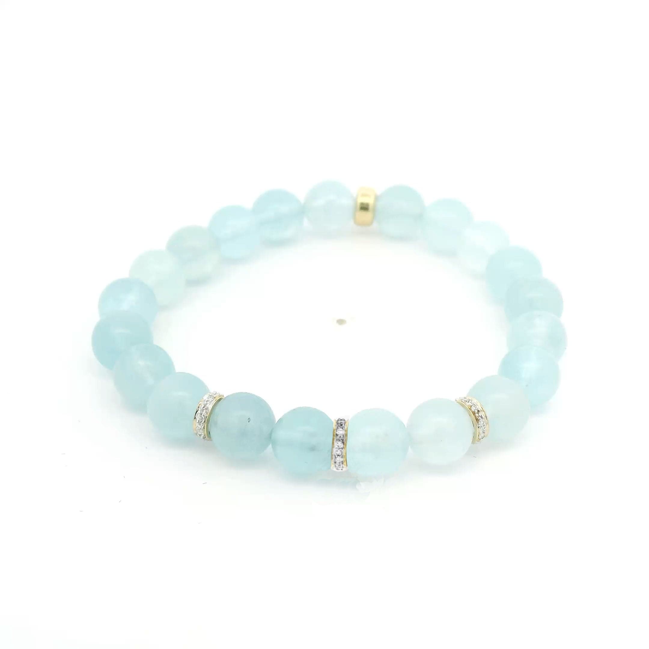 Necklaces 7" / 8mm / 0 Aquamarine Beads Only 14K Solid Gold Aquamarine Diamond Roundel Beaded Bracelet, 8mm, 10mm