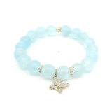 Necklaces 7" / 8mm 14K Solid Gold Aquamarine Butterfly And Diamond Roundels Beaded Bracelet, 8mm, 10mm