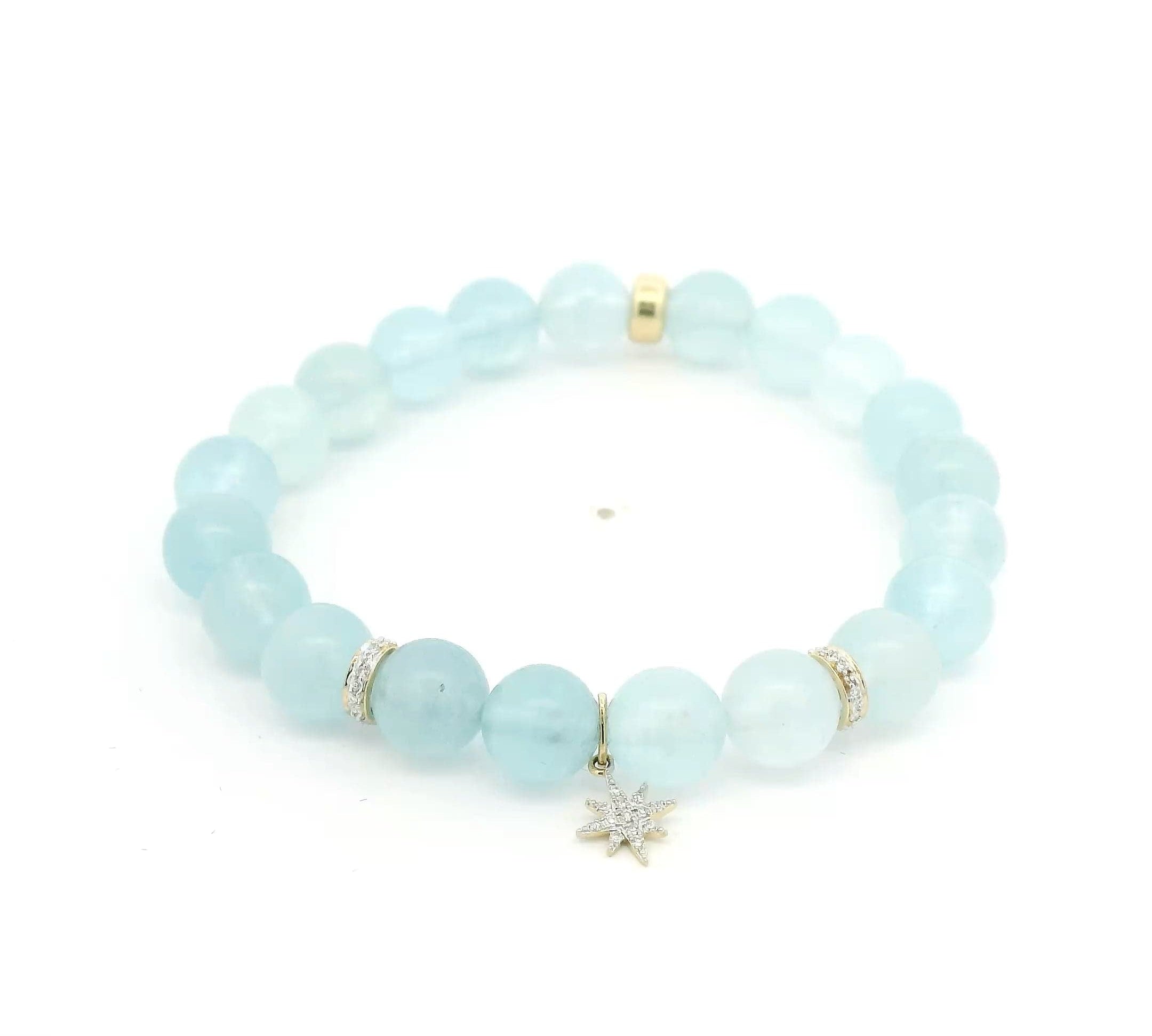 Necklaces 7" / 8mm 14K Solid Gold Aquamarine Sparkle Star And Diamond Roundels Beaded Bracelet, 8mm, 10mm