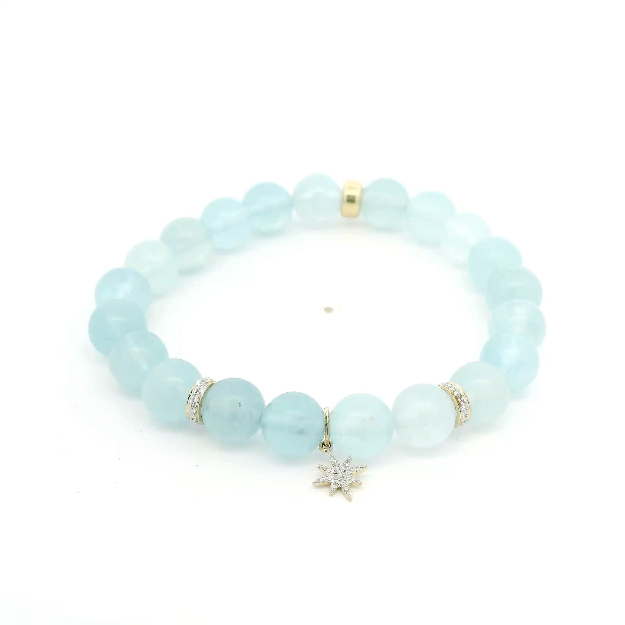 Necklaces 7" / 8mm 14K Solid Gold Aquamarine Sparkle Star And Diamond Roundels Beaded Bracelet, 8mm, 10mm