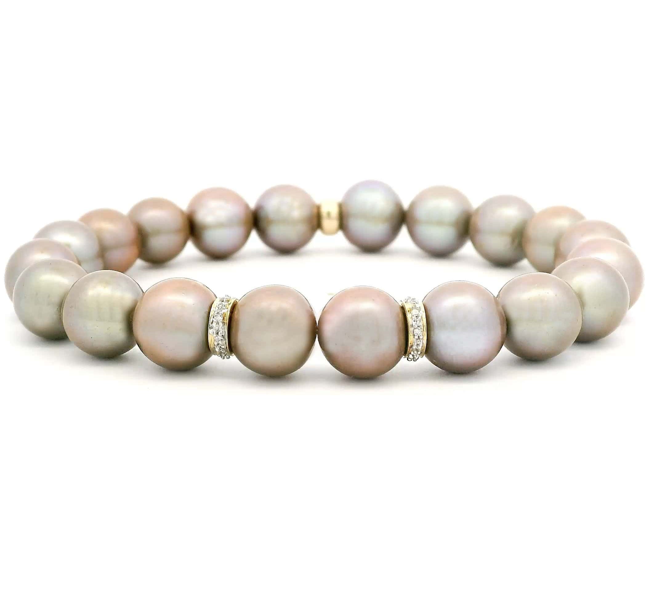 Necklaces 7" Golden Bronze Pearl Beaded Bracelet with 2 Full Diamond Roundels, 8mm