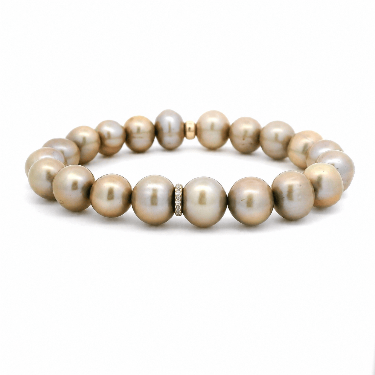 Necklaces 7" / One Diamond Bar Golden Bronze Pearl Beaded Bracelet with 0, 1, 2, or 3 Full Diamond Roundels, 8mm