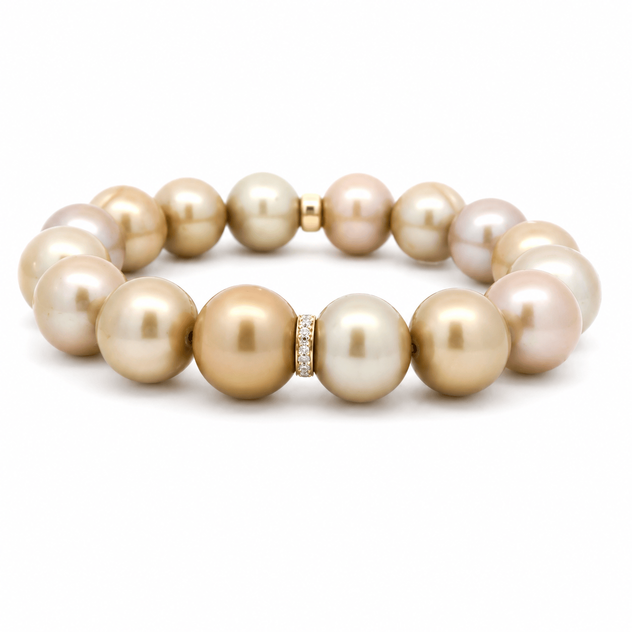 Necklaces 7" / One Diamond Bar Golden Bronze Pearl Beaded Bracelet with 2 Full Diamond Roundels, 12-13 mm