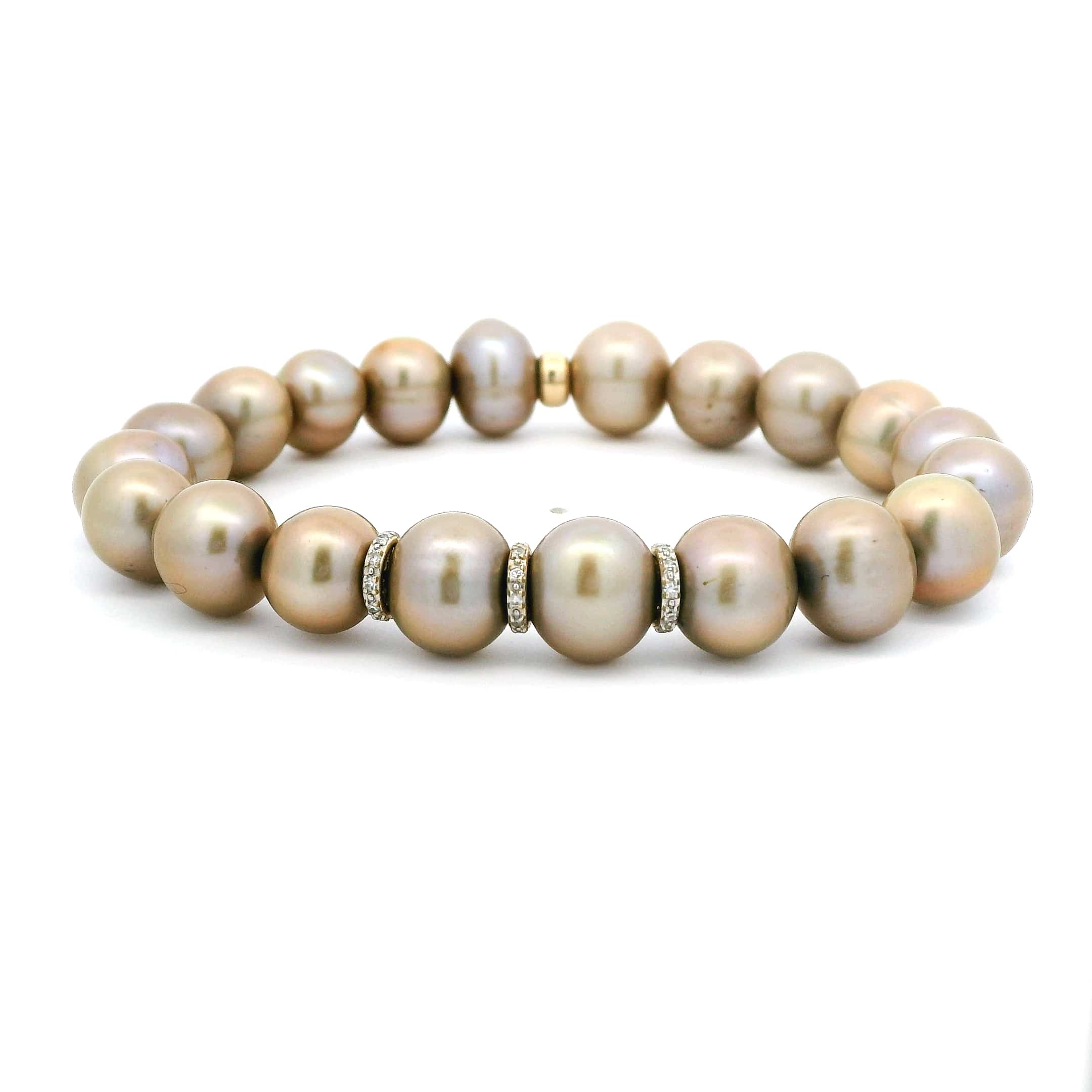 Necklaces 7" / Three Diamond Bars Golden Bronze Pearl Beaded Bracelet with 0, 1, 2, or 3 Full Diamond Roundels, 8mm