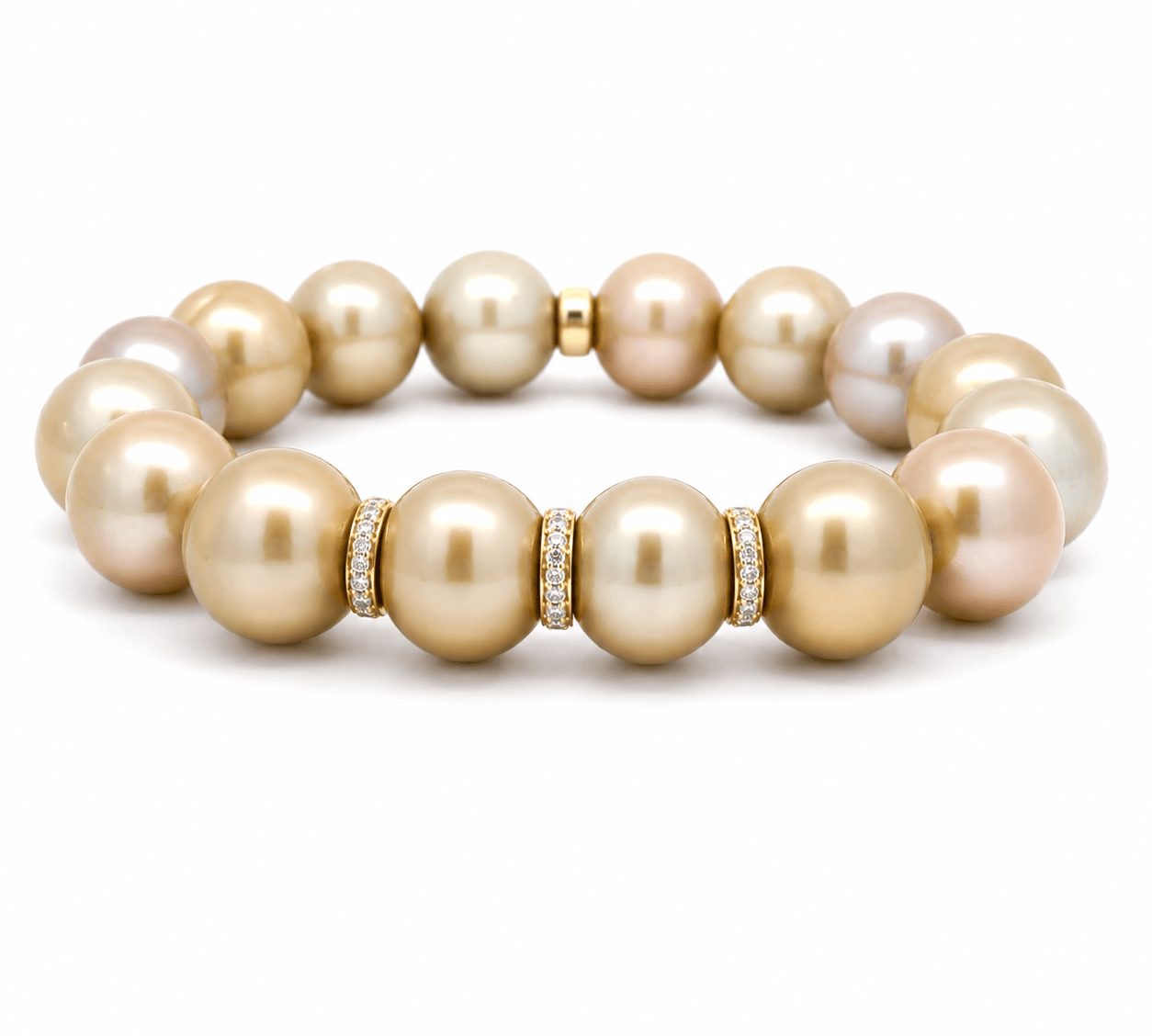 Necklaces 7" / Three Diamond Bars Golden Bronze Pearl Beaded Bracelet with 2 Full Diamond Roundels, 12-13 mm