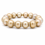 Necklaces 7" / Three Diamond Bars Golden Bronze Pearl Beaded Bracelet with 2 Full Diamond Roundels, 12-13 mm