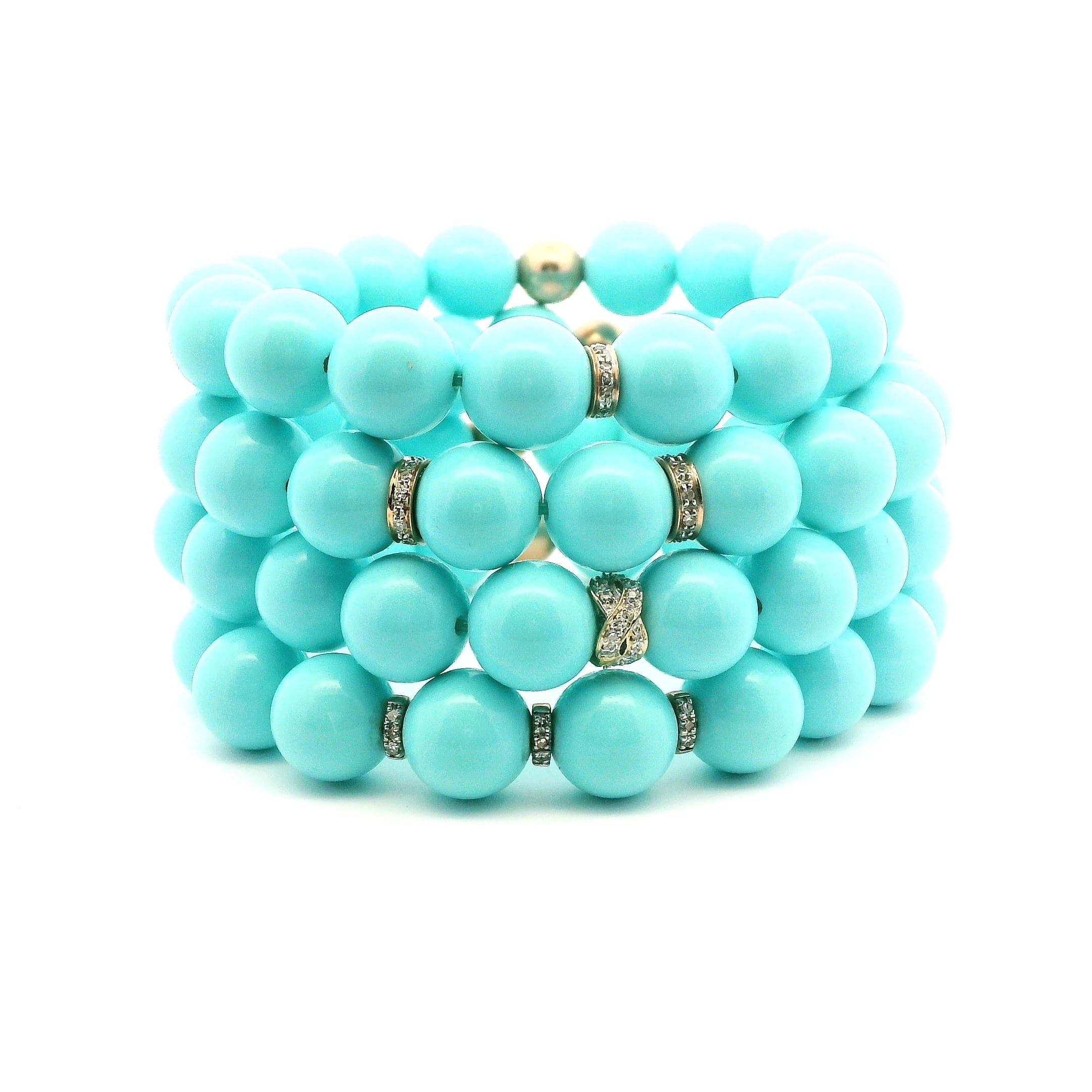 Necklaces 7" Turquoise Blue Beaded Bracelet, 3 Half Diamond Oval Roundels