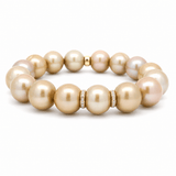 Necklaces 7" / Two Diamond Bars Golden Bronze Pearl Beaded Bracelet with 2 Full Diamond Roundels, 12-13 mm