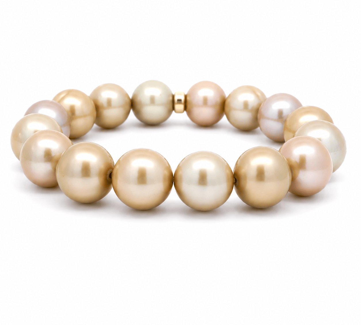 Necklaces 7" / Zero Diamond Bars Golden Bronze Pearl Beaded Bracelet with 2 Full Diamond Roundels, 12-13 mm