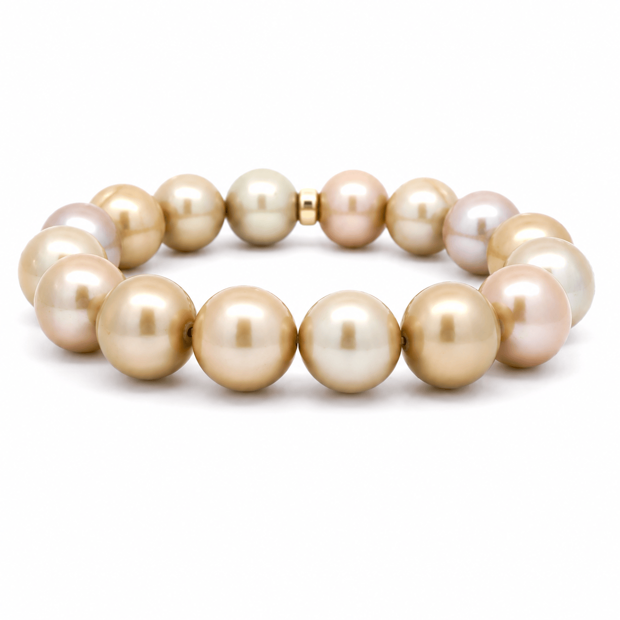 Necklaces 7" / Zero Diamond Bars Golden Bronze Pearl Beaded Bracelet with 2 Full Diamond Roundels, 12-13 mm