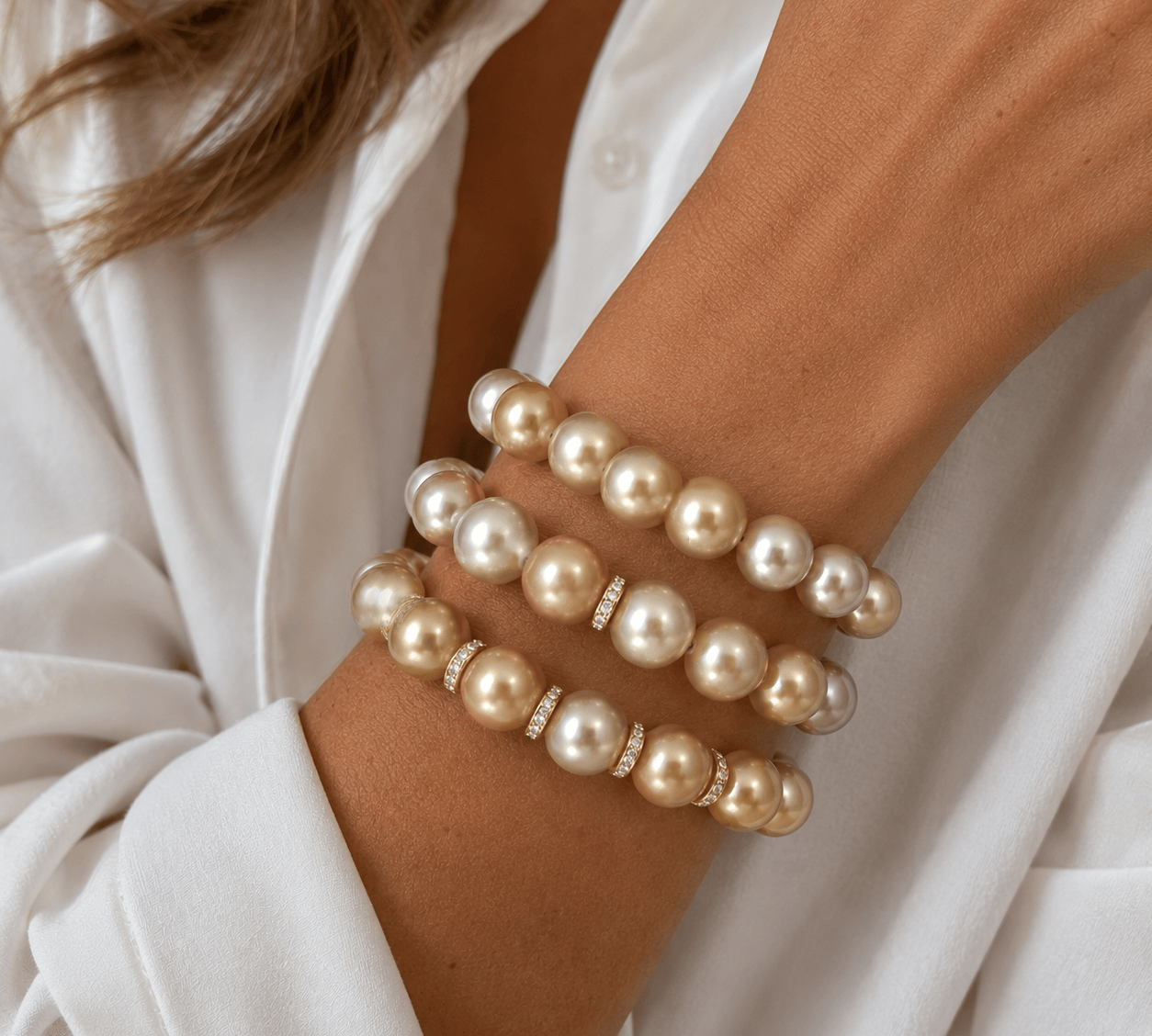 Necklaces Golden Bronze Pearl Beaded Bracelet with 2 Full Diamond Roundels, 12-13 mm