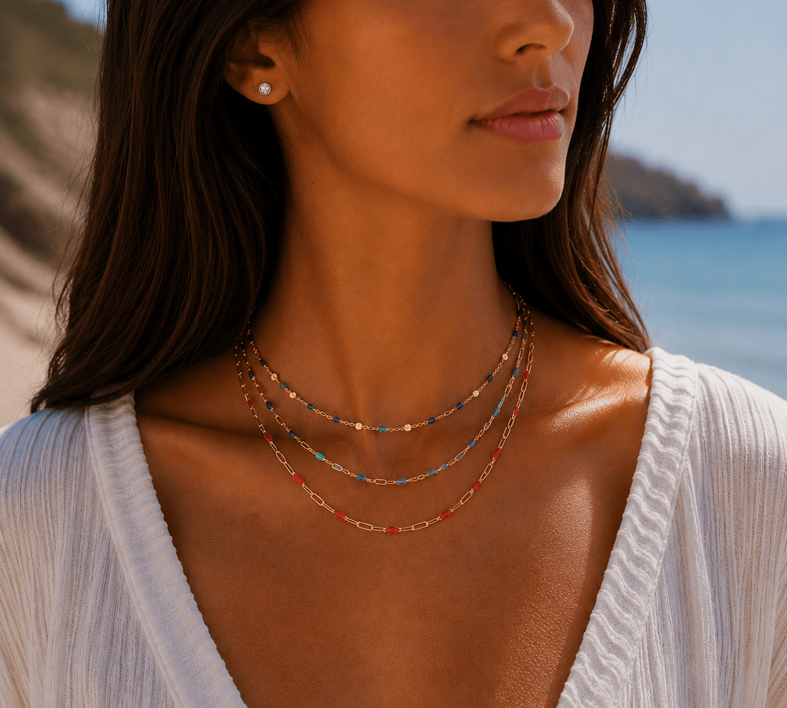 Necklaces Ruby Red Blue To Green Enamel Beaded Link Necklace