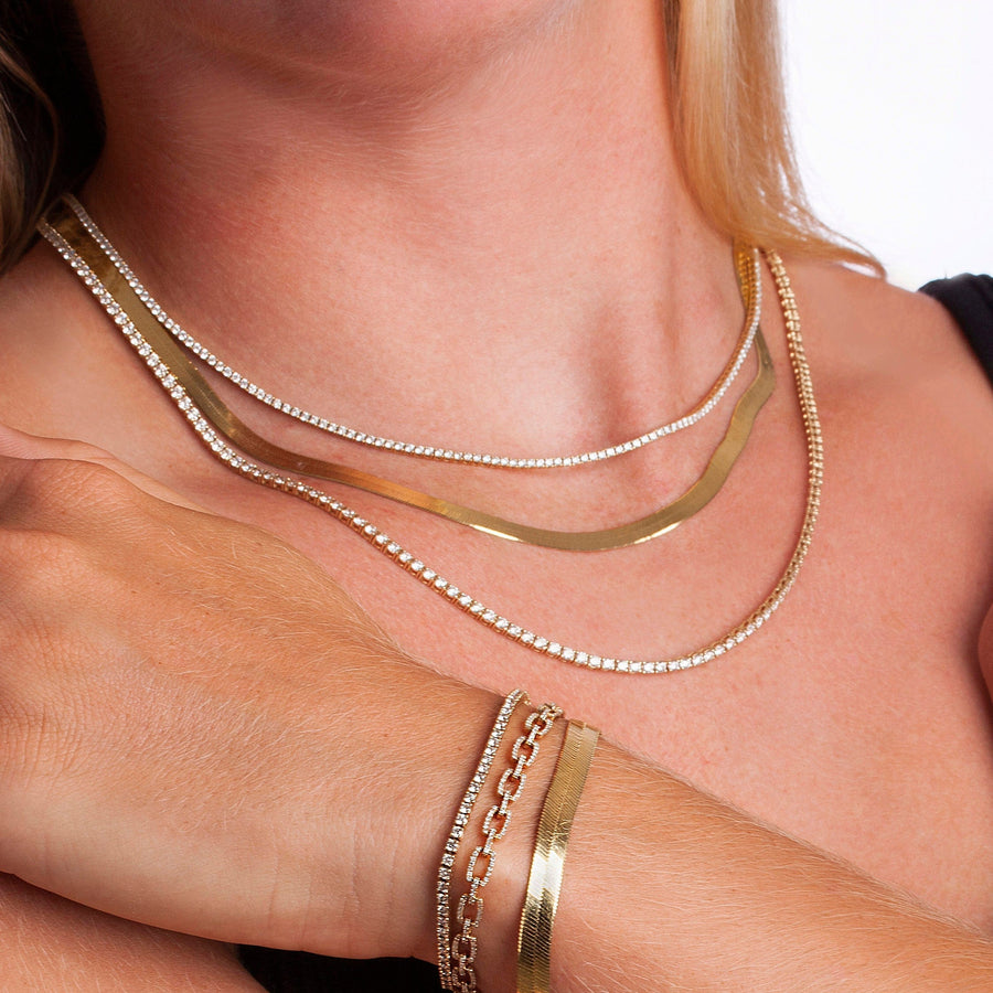 Small 14K Gold Diamond Tennis Necklace 4 Prong Setting Adjustable Length