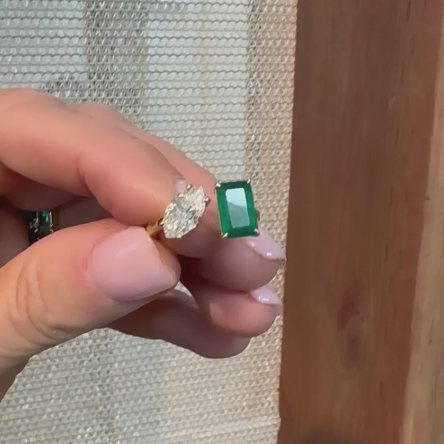 14K & 18K Gold Emerald and Marquise Cut Diamond Ring, Lab Grown Diamond