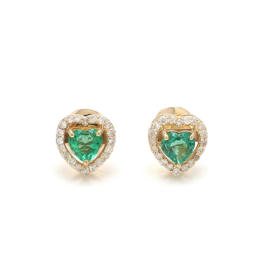 14K & 18K Gold Emerald Heart and Halo Diamond Stud Earrings