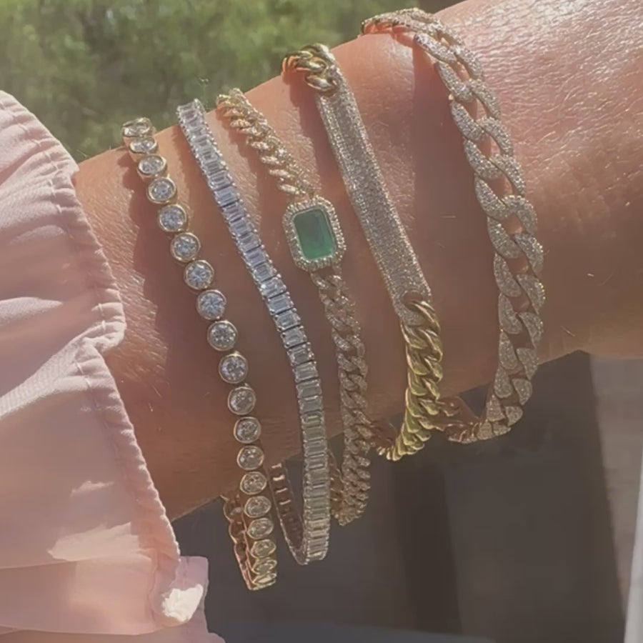 14K Gold Emerald and Pave-Diamond Cuban Link Chain Bracelet