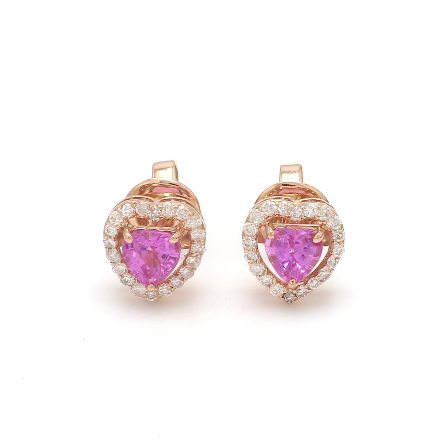 14K & 18K Gold Pink Sapphire Heart and Halo Diamond Stud Earrings