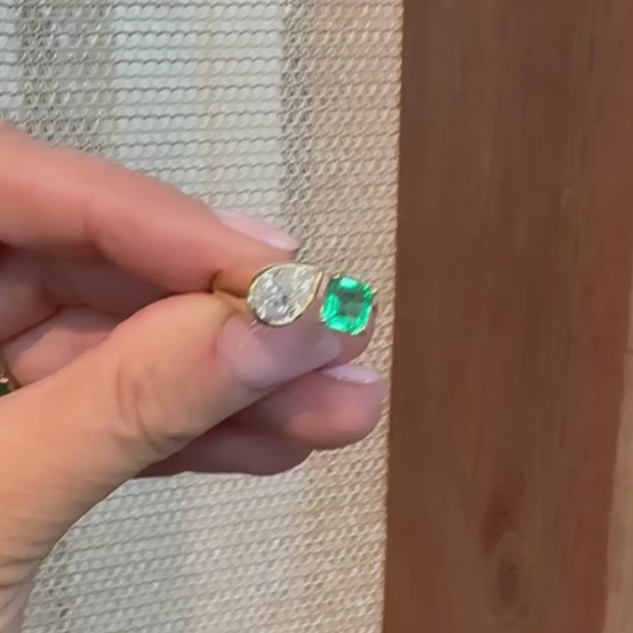 14K & 18K Gold Emerald and Pear Cut Diamond Ring, Lab Grown DIamond