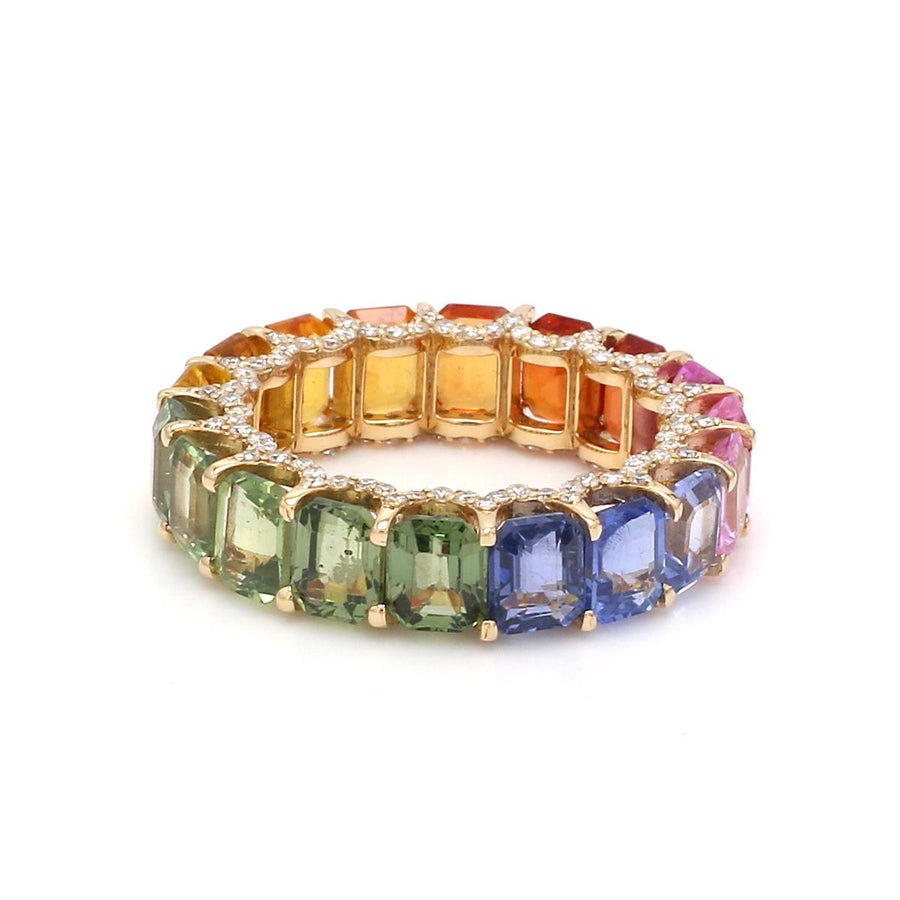 14K or 18K Gold Rainbow Sapphire and Pave Diamond Eternity Band
