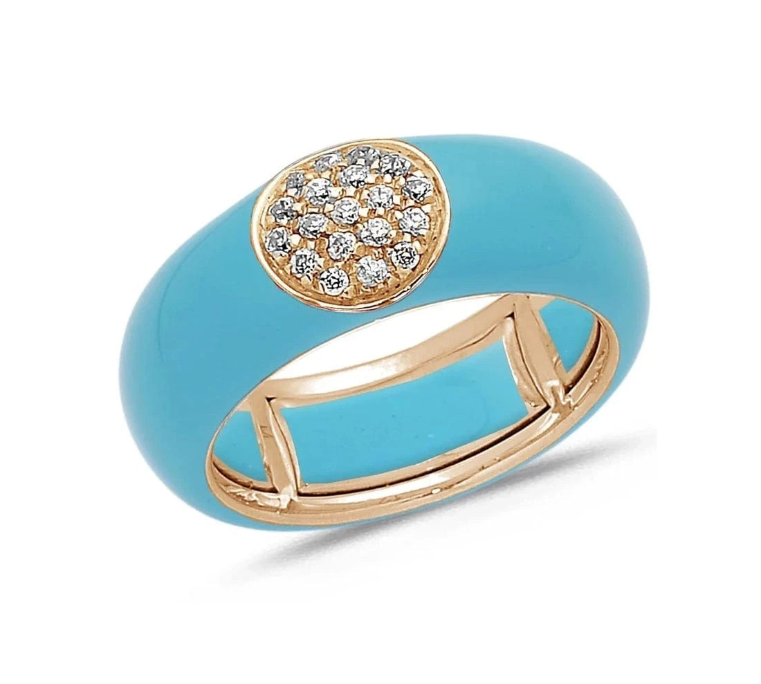 Rose / Turquoise / Small (4.5-6) 18K Gold Enamel Circle Pave Diamond Stretch Ring, 8.26 mm