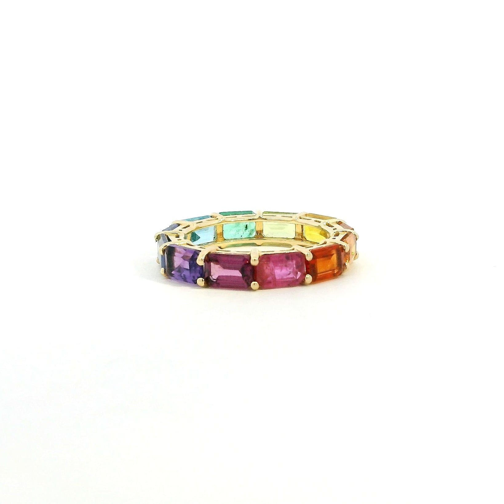 Rings 14K & 18K Gold East West Emerald Cut Rainbow Sapphire Eternity Ring