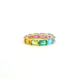 Rings 14K & 18K Gold East West Emerald Cut Rainbow Sapphire Eternity Ring