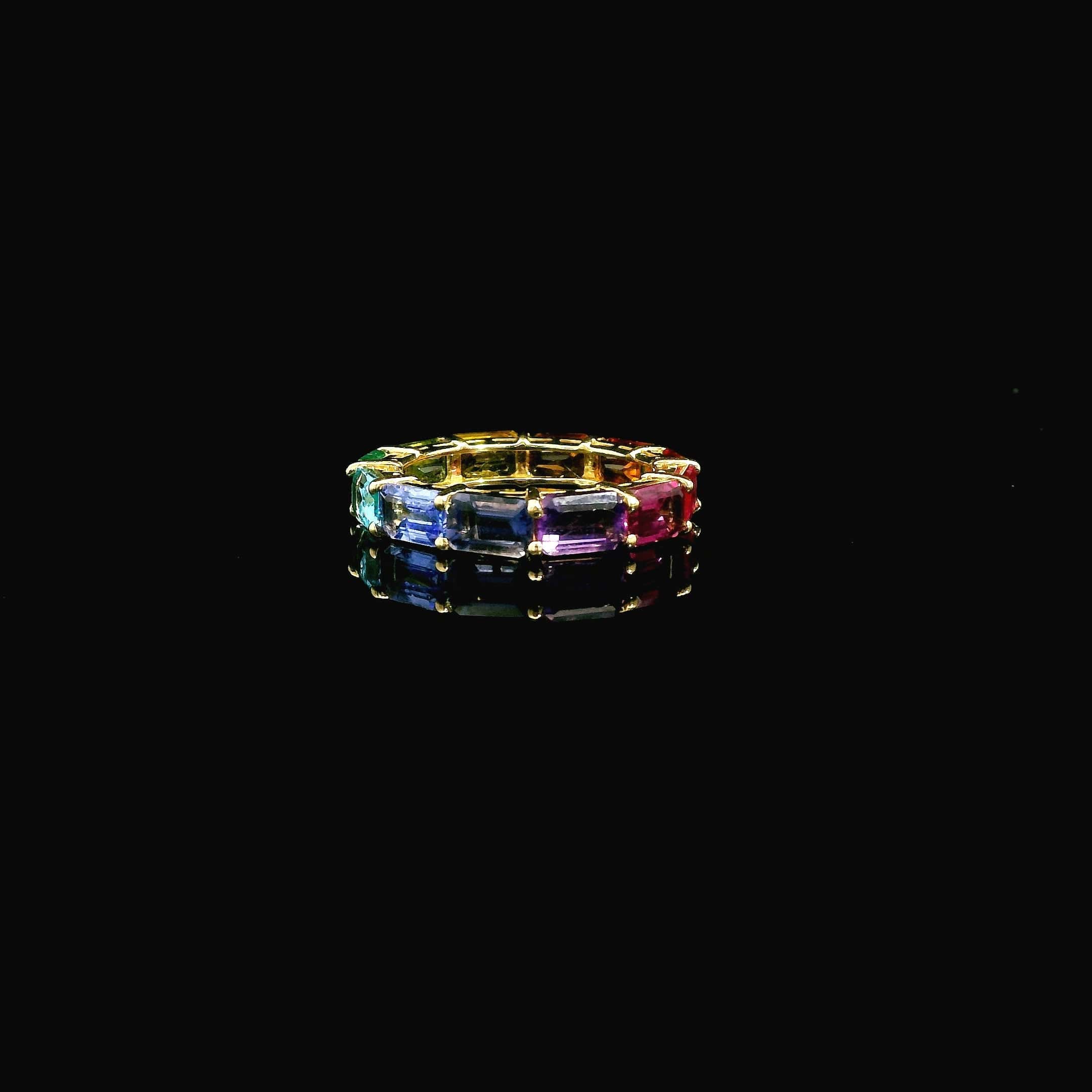 Rings 14K & 18K Gold East West Emerald Cut Rainbow Sapphire Eternity Ring
