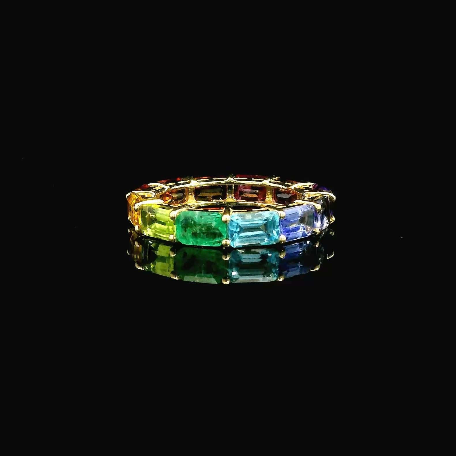 Rings 14K & 18K Gold East West Emerald Cut Rainbow Sapphire Eternity Ring
