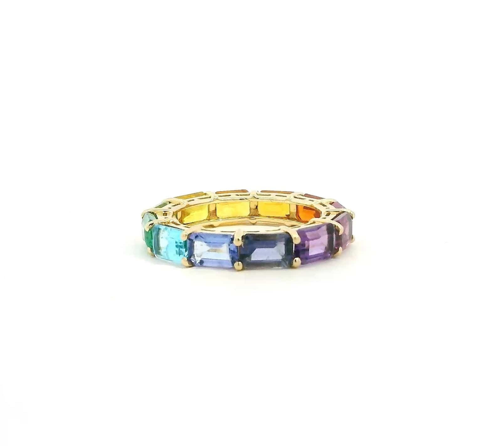 Rings 14K & 18K Gold East West Emerald Cut Rainbow Sapphire Eternity Ring
