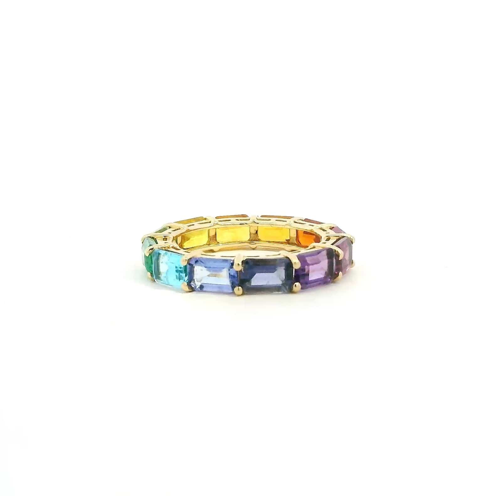 Rings 14K & 18K Gold East West Emerald Cut Rainbow Sapphire Eternity Ring
