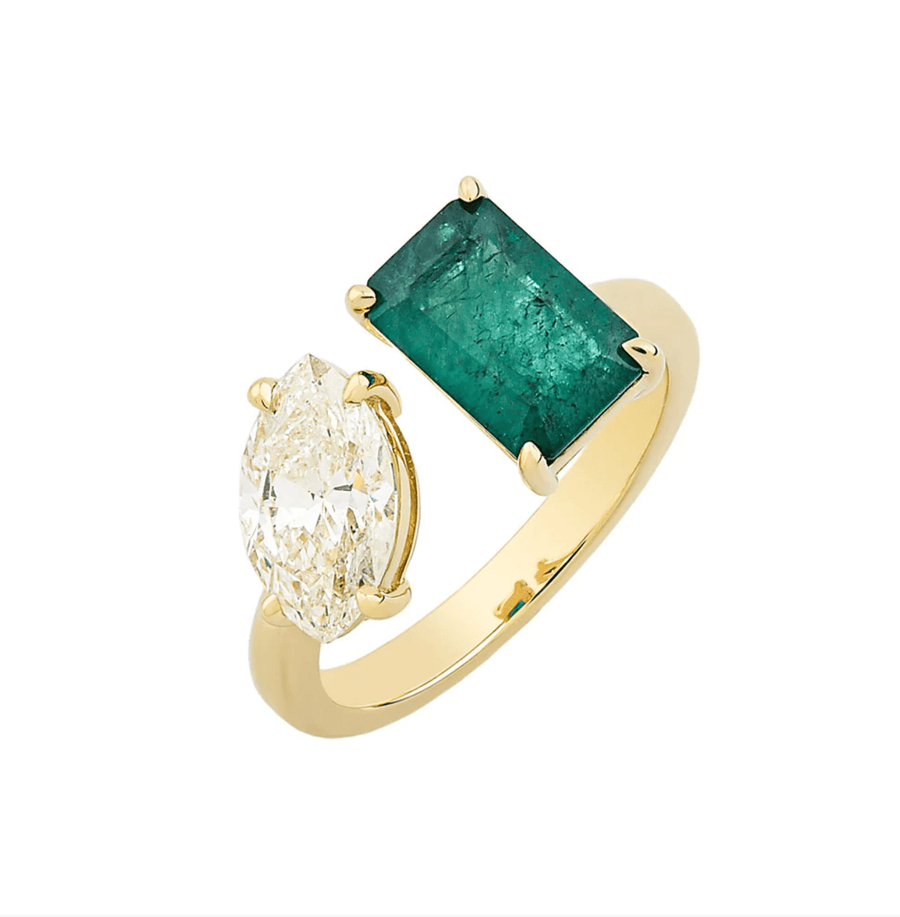 Rings 14K & 18K Gold Emerald and Marquise Cut Diamond Ring, Lab Grown Diamond
