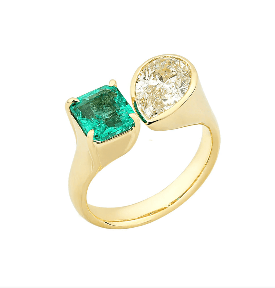 Rings 14K & 18K Gold Emerald and Pear Cut Diamond Ring