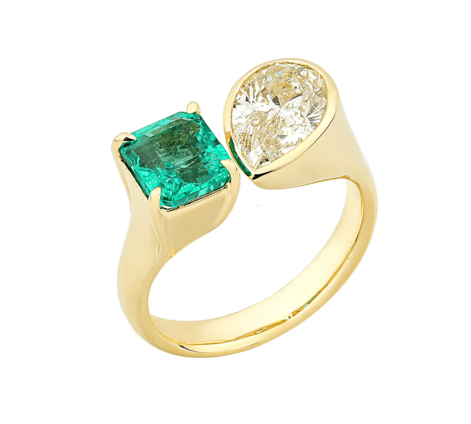 Rings 14K & 18K Gold Emerald and Pear Cut Diamond Ring, Lab Grown DIamond
