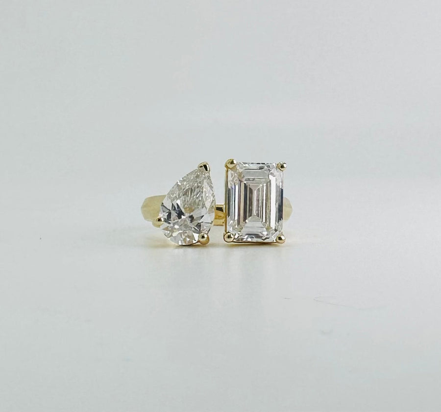 Rings 14K & 18K Gold Emerald Cut and Pear Cut Double Diamond Ring