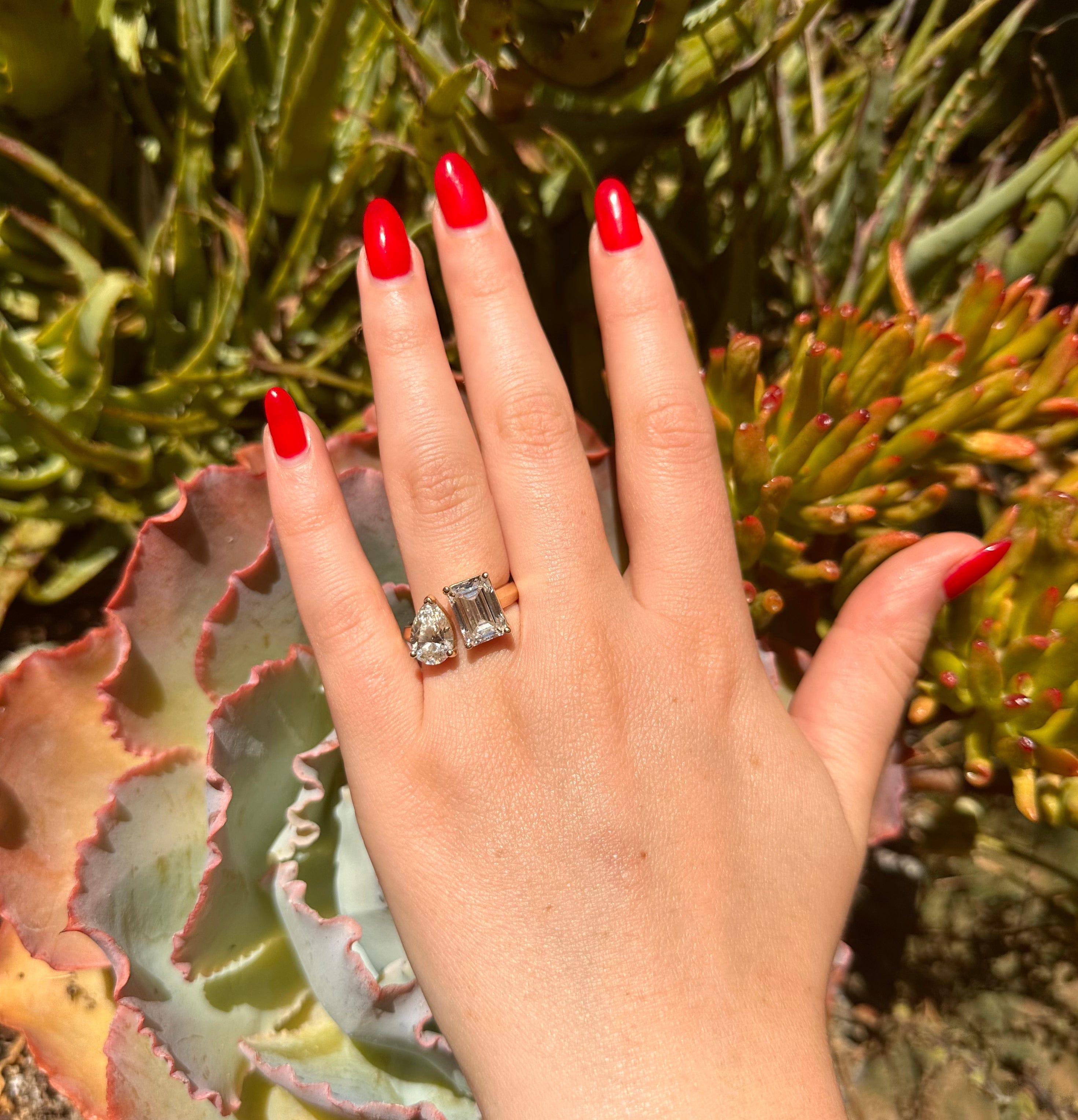 Rings 14K & 18K Gold Emerald Cut and Pear Cut Double Diamond Ring, Lab Grown