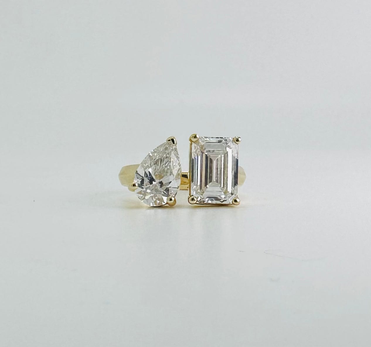 Rings 14K & 18K Gold Emerald Cut and Pear Cut Double Diamond Ring, Lab Grown