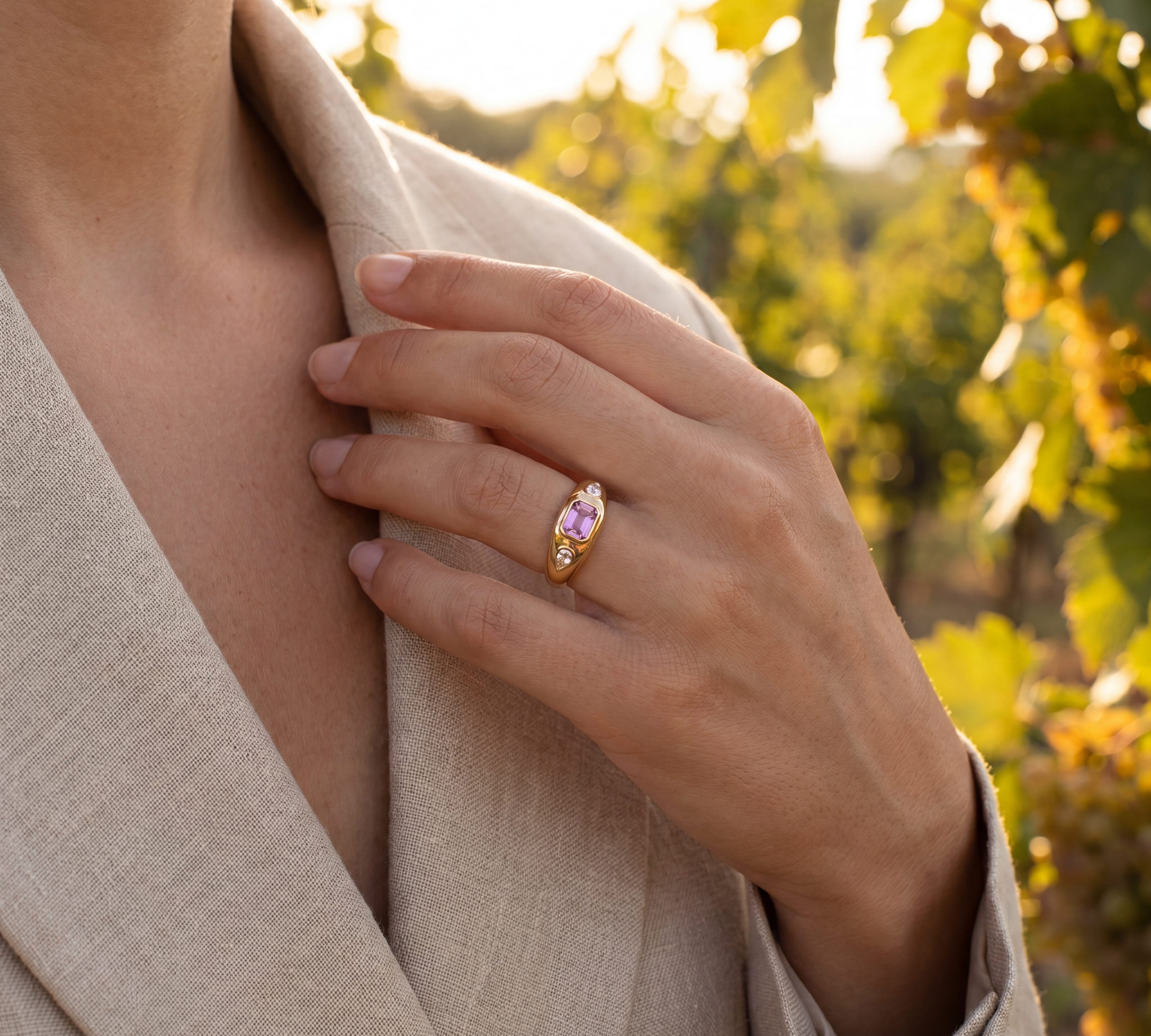 Rings 14K & 18K Gold Emerald Cut Pink Sapphire & Diamond Dome Ring