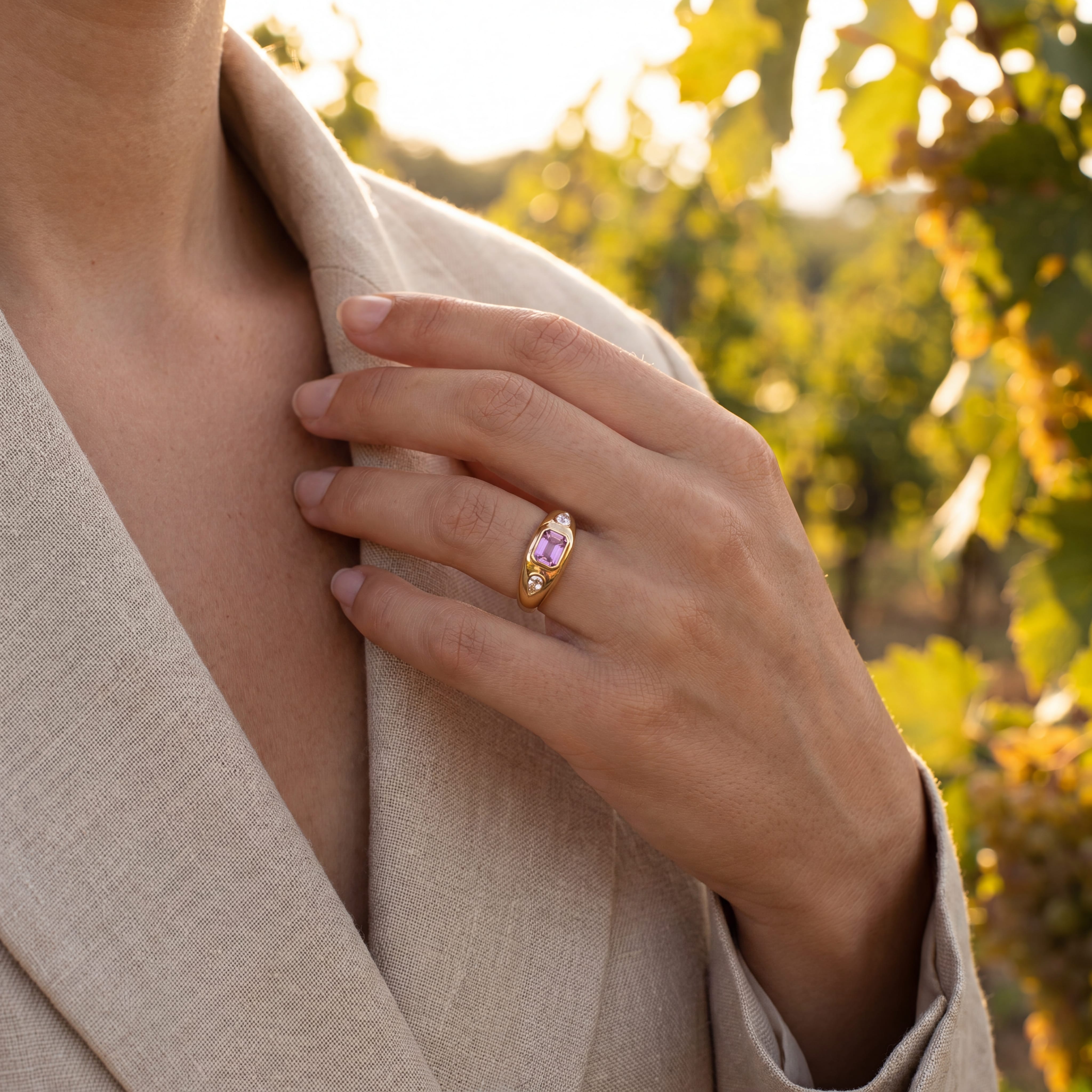Rings 14K & 18K Gold Emerald Cut Pink Sapphire & Diamond Dome Ring