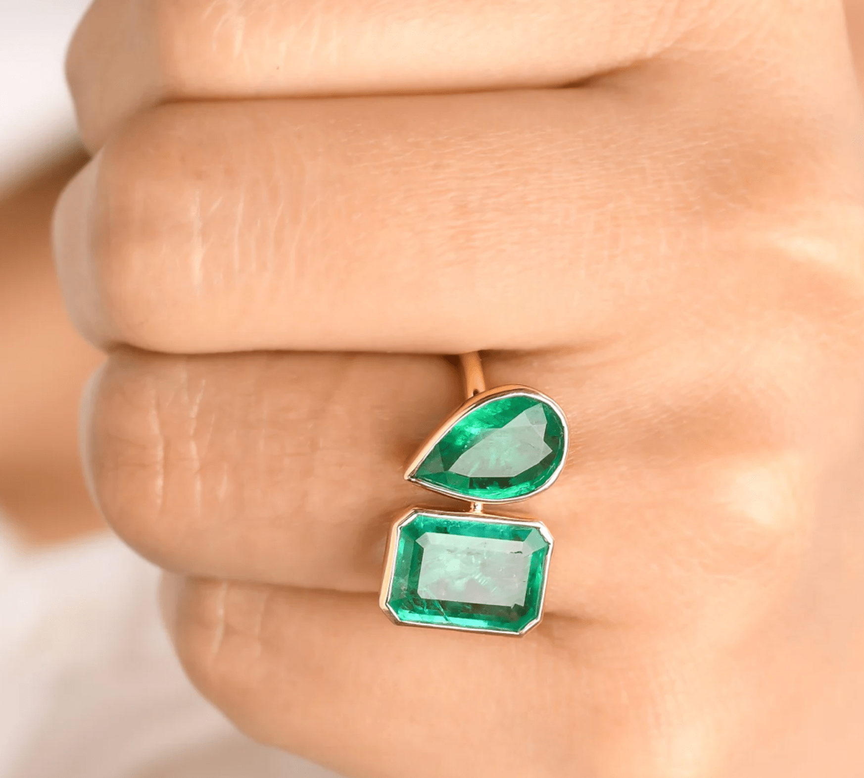 Rings 14K & 18K Gold Emerald Double Stone Bezel Ring, Emerald & Pear cuts