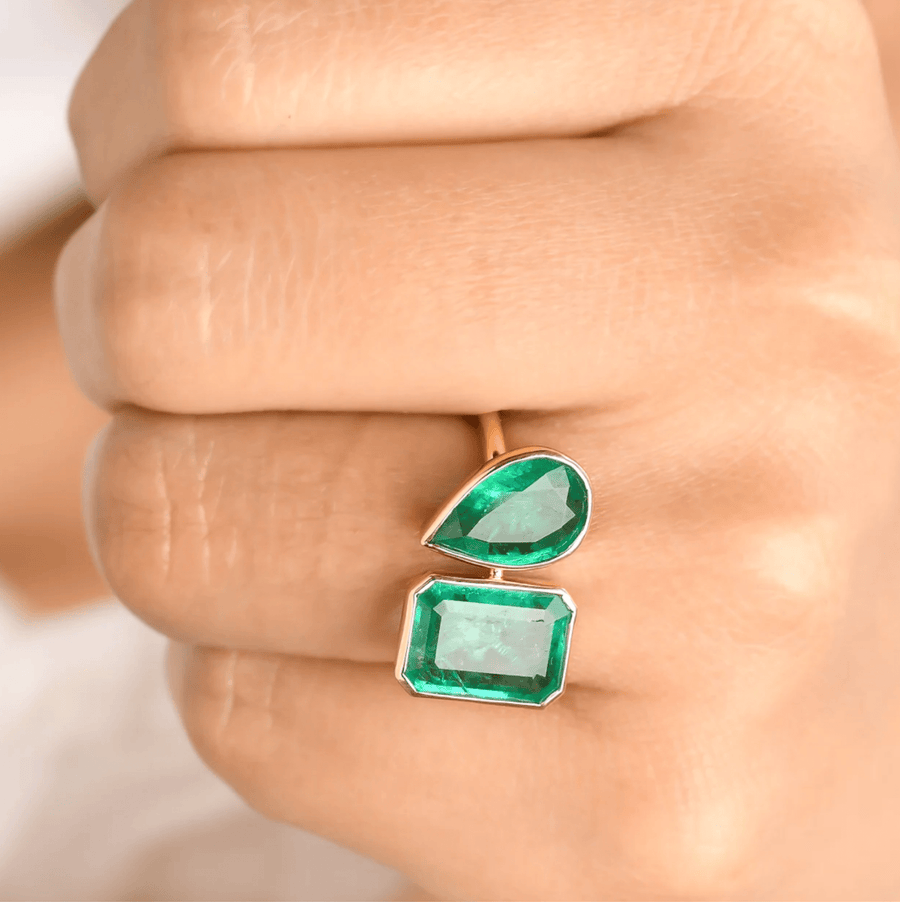 Rings 14K & 18K Gold Emerald Double Stone Bezel Ring, Emerald & Pear cuts