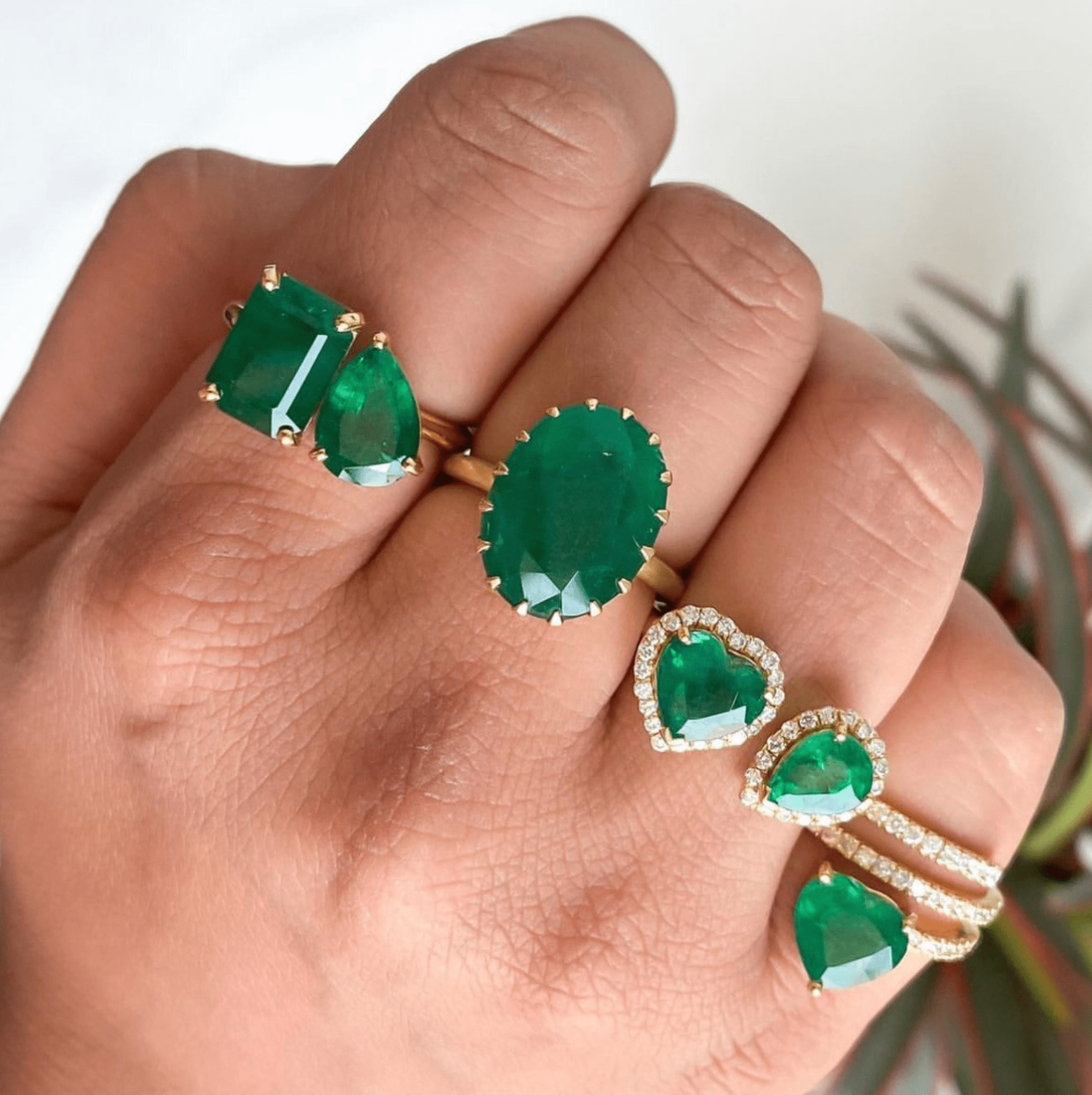 Rings 14K & 18K Gold Emerald Double Stone Ring, Emerald & Pear cuts