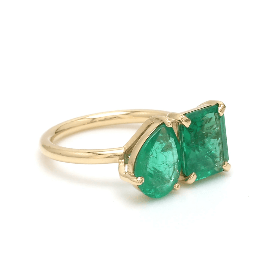 Rings 14K & 18K Gold Emerald Double Stone Ring, Emerald & Pear cuts