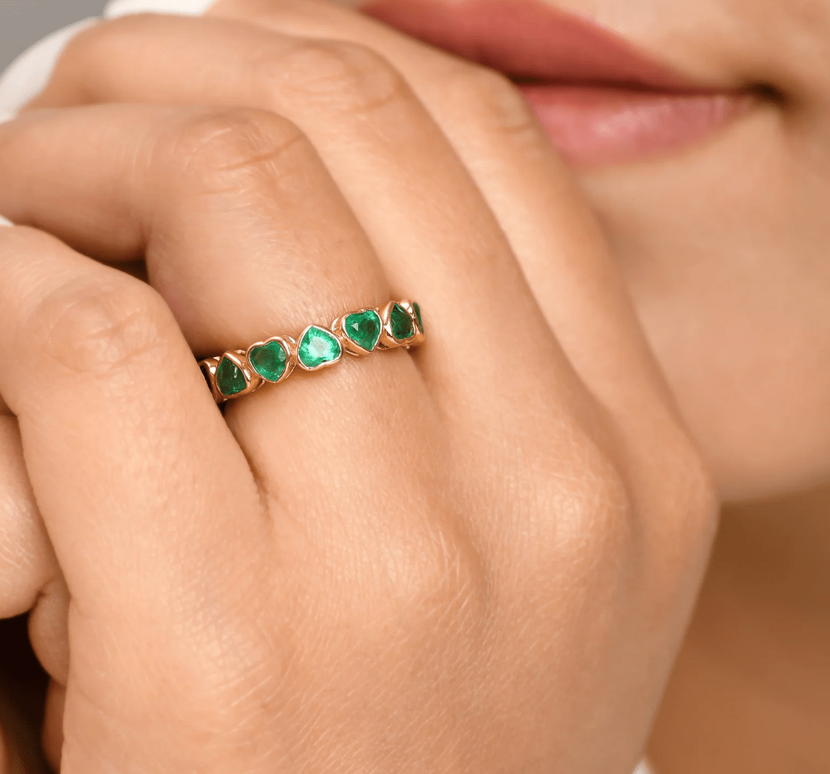 Rings 14K & 18K Gold Emerald Heart Eternity Band, Bezel Set