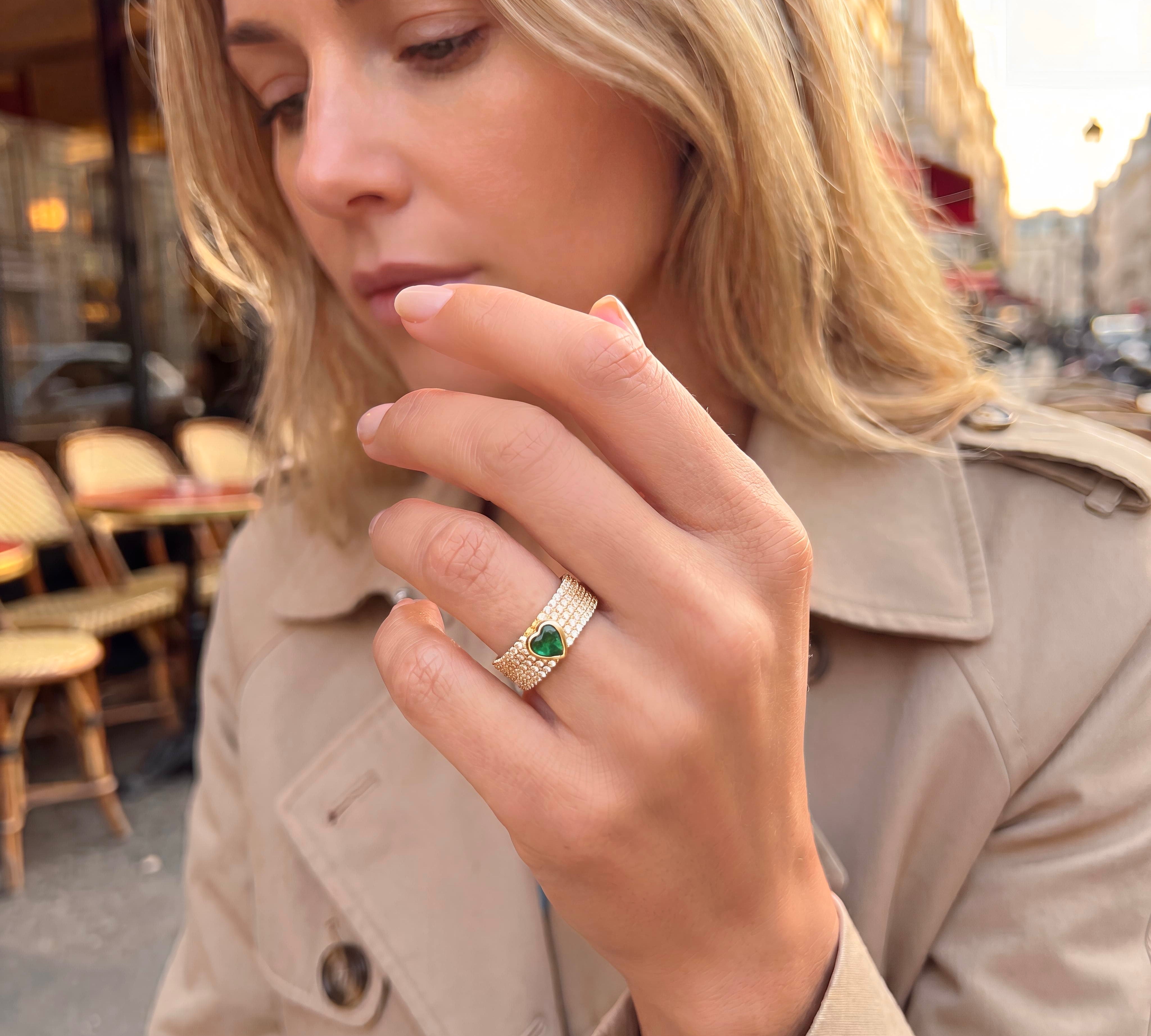 Rings 14K & 18K Gold Heart Emerald and Pave Diamond Ring