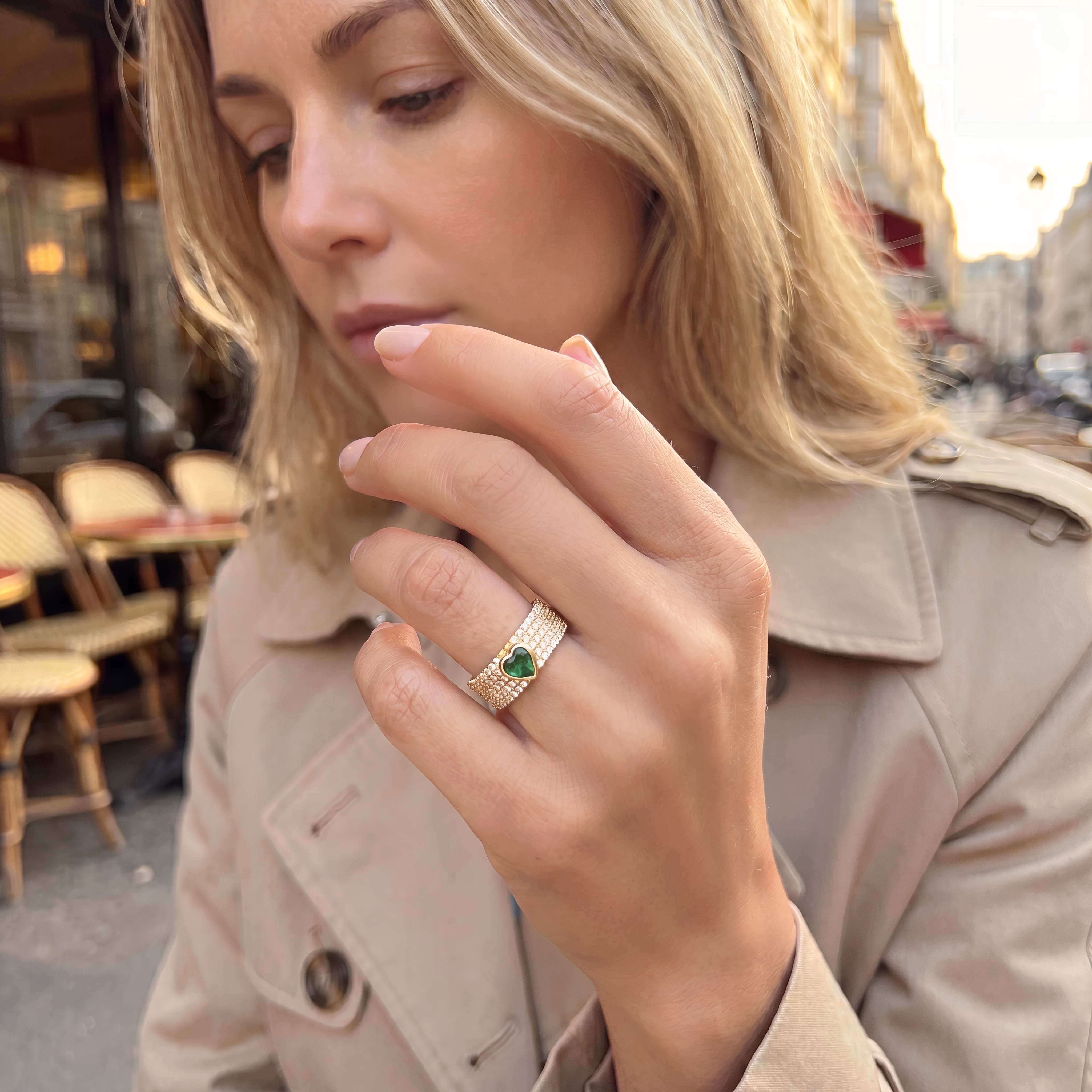 Rings 14K & 18K Gold Heart Emerald and Pave Diamond Ring