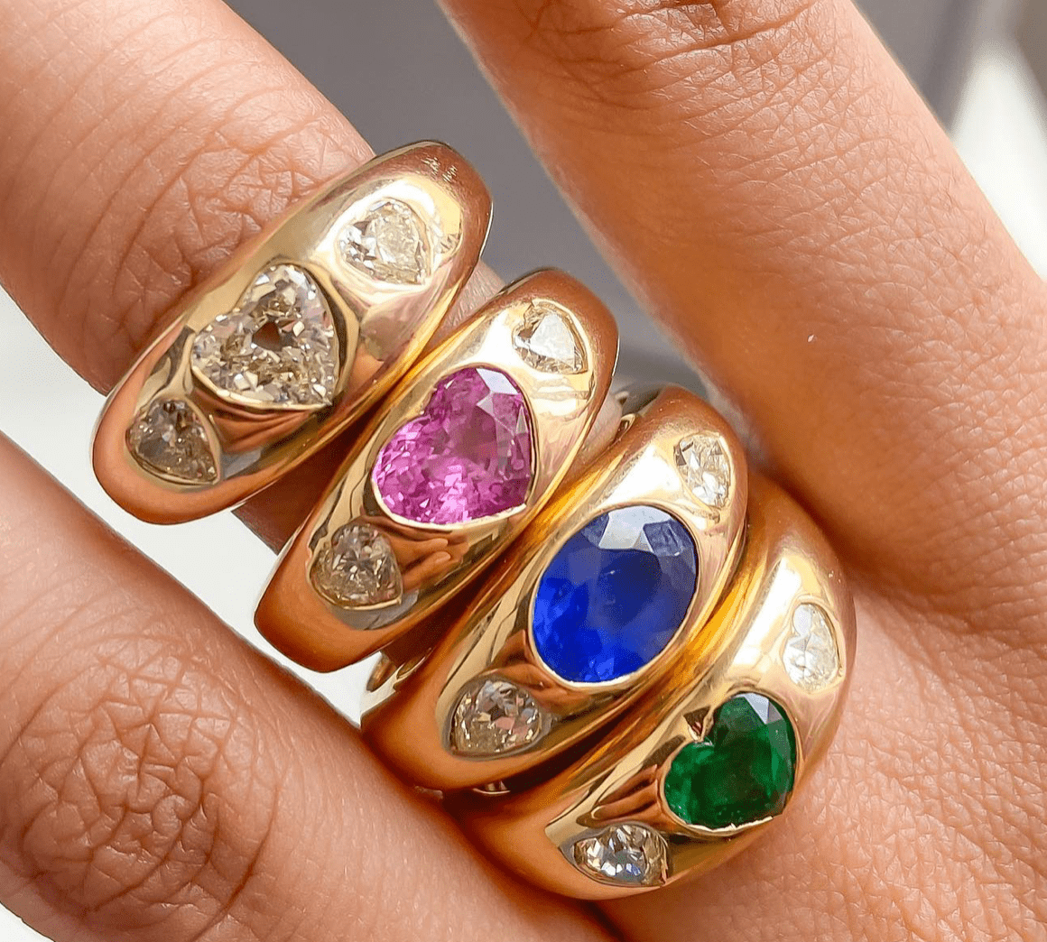 Rings 14K & 18K Gold Heart Emerald & Diamond Dome Ring