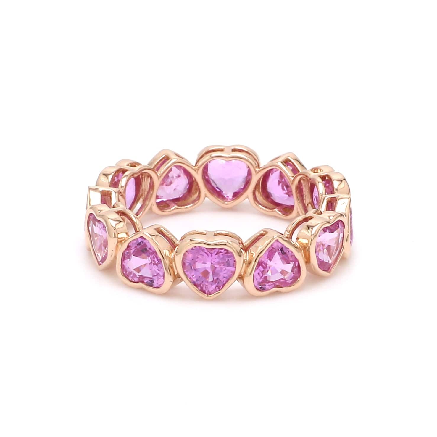 Rings 14K & 18K Gold Pink Sapphire Heart Eternity Band, Bezel Set