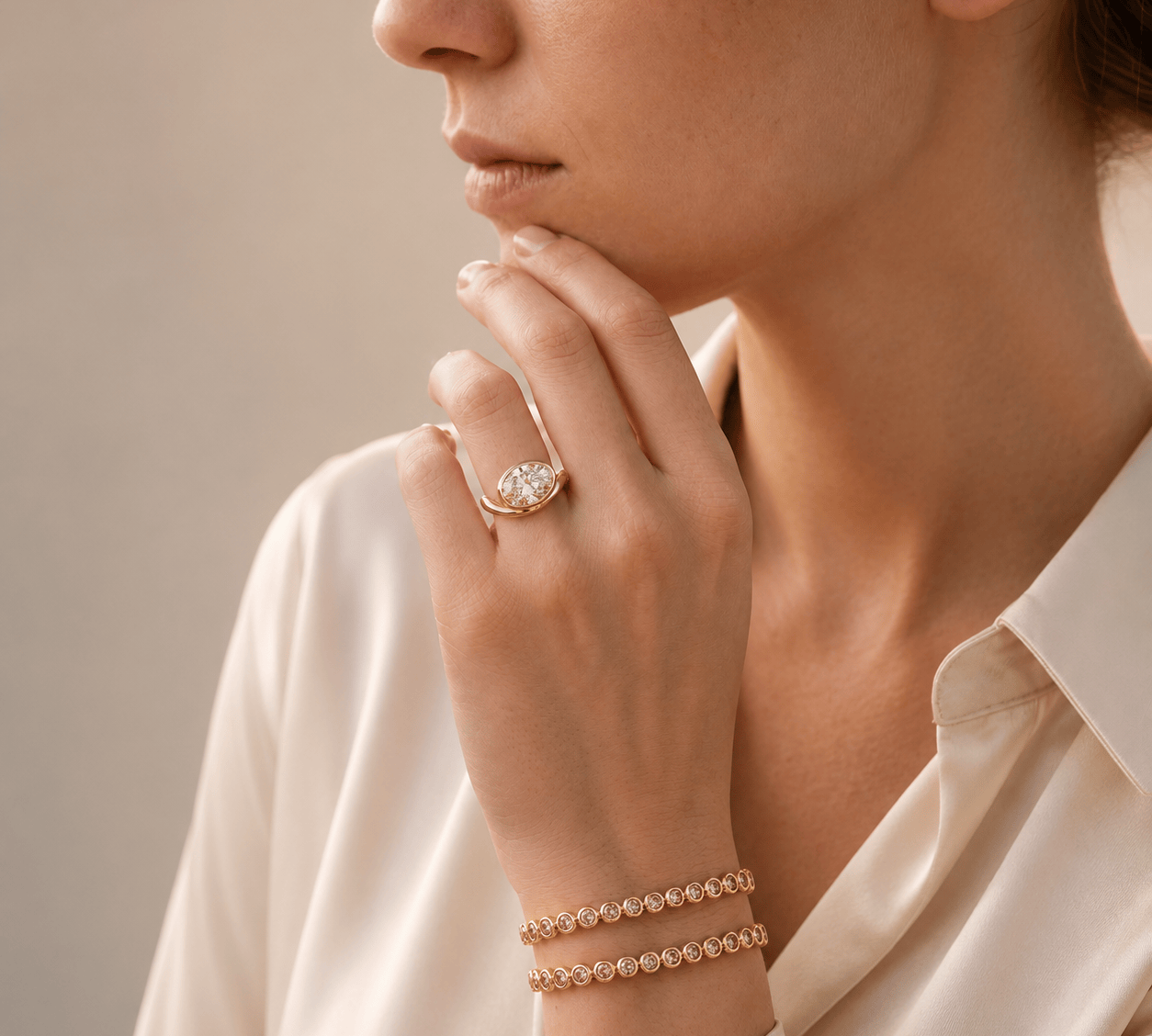 Rings 14K and 18K Gold Bezel Oval Diamond Wave Ring, Lab Grown